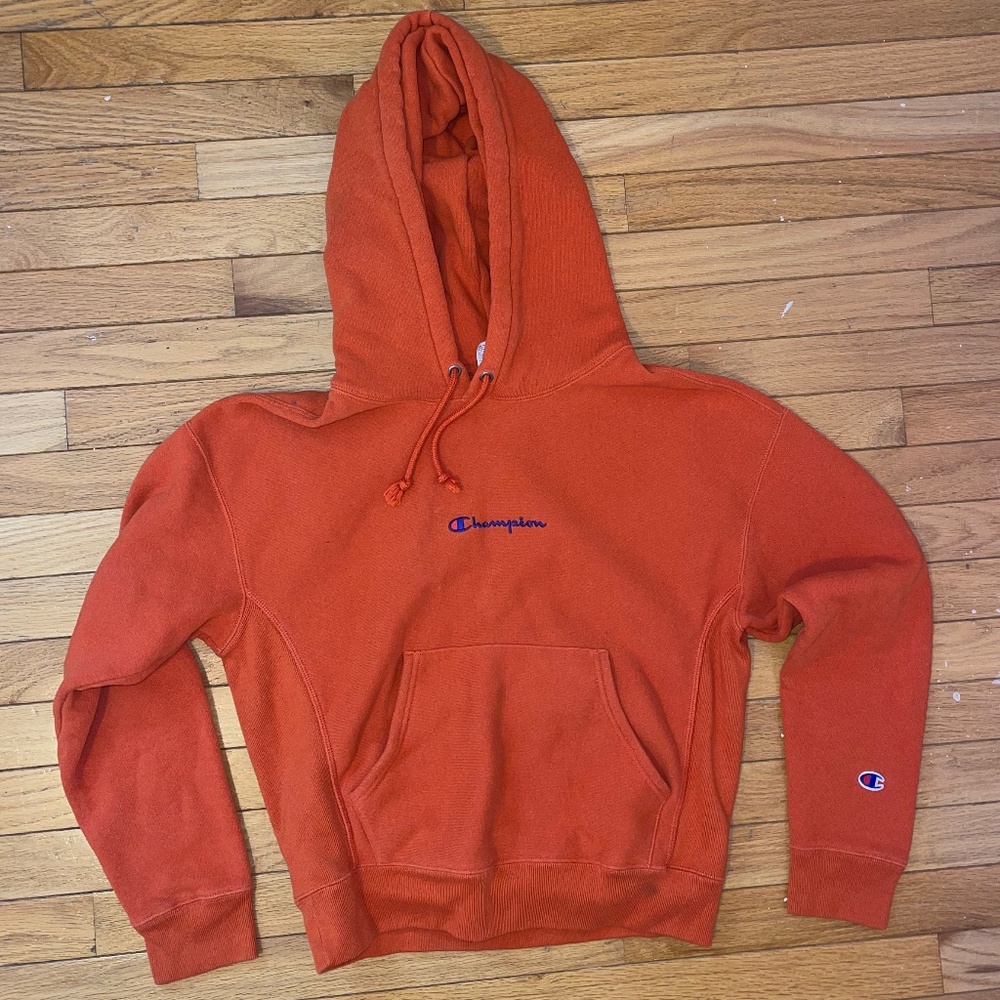 Champion Reverse Weave Cropped Orange Hoodie with Blue Logo Embroidery